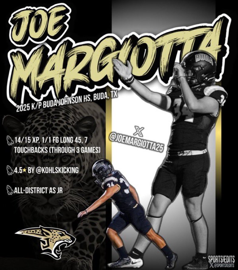 25 All-District K <a href="/JoeMargiotta25/">Joe Margiotta</a> and 3-0 <a href="/BudaJagsFB/">BudaJagsFootball</a> ready for week 4️⃣ @ drip, last game before district play.  Should be a good one. 
Early season senior tape soon:
hudl.com/profile/184448…
<a href="/CoachCarlin/">Sam Carlin</a> <a href="/CoachAntoine/">Ron Antoine, M.Ed</a>