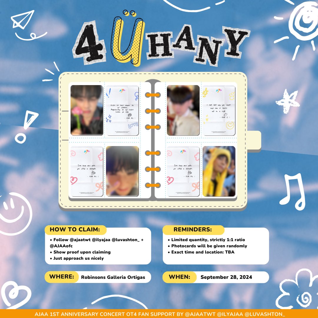 ajaatwt's tweet photo. "4 Ü HANY"
#AJAA Fan Support 
by @ajaatwt @ilyajaa @luvashton_

╰ mbf, rt, like
╰ limited quantity, 1:1 ratio
╰ see pubmat for more details

See you there .ᐟ ⭐️

#1YearWithAJAA @AJAAofc 
@toothplate7_ @jcdacillo______ @axllukecab @Alex_Noel5783 https://t.co/8WBnFwwBak