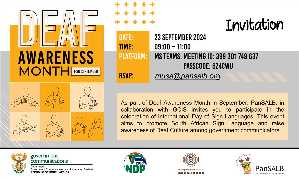 SportArtsCultur's tweet image. Deaf awareness Month, let’s highlight the richness of sign language &amp;amp; their equal status with spoken languages. 

#HeritageMonth2024 #InspiringANationOfWinners #DeafAwarenessMonth