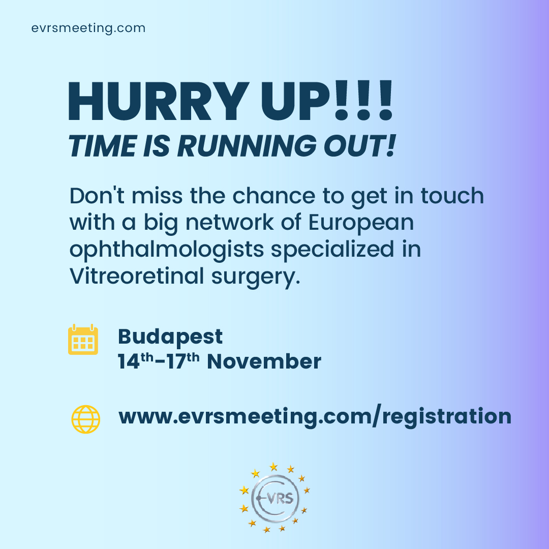 RATES BLOCKED! 
EVRS has extended the deadline for fees due before Sept. 15th to 𝐎𝐂𝐓𝐎𝐁𝐄𝐑 𝟏𝐬𝐭!
Get ready for EVRS 2024 in Budapest!
🔗evrsmeeting.com/registration
#EVRS2024 #Health #VitreoretinalSurgery #Orthoptists #OphthalmicPhothographers #Ophthalmology #Ophthalmologist