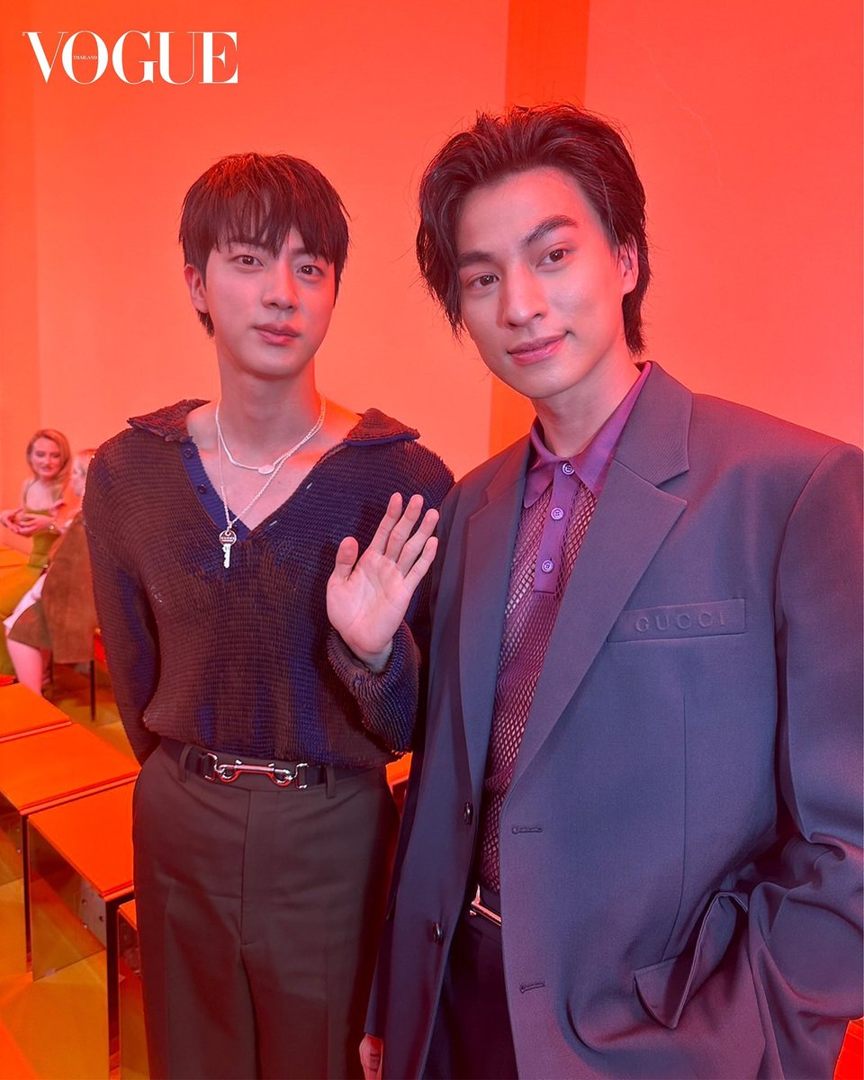 jinnieslamp's tweet photo. Vogue Thailand Instagram 

“Set of still photos capturing the moment between Jin of BTS and Gulf Kanawut 
 at the Gucci show for the Spring/Summer 2025 collection.”

FACE OF GUCCI JIN
JIN AT MILAN FASHION WEEK
#JinxGucciSS25 #GucciSS25
#GucciIstante @Gucci https://t.co/hpsNYzA8tY