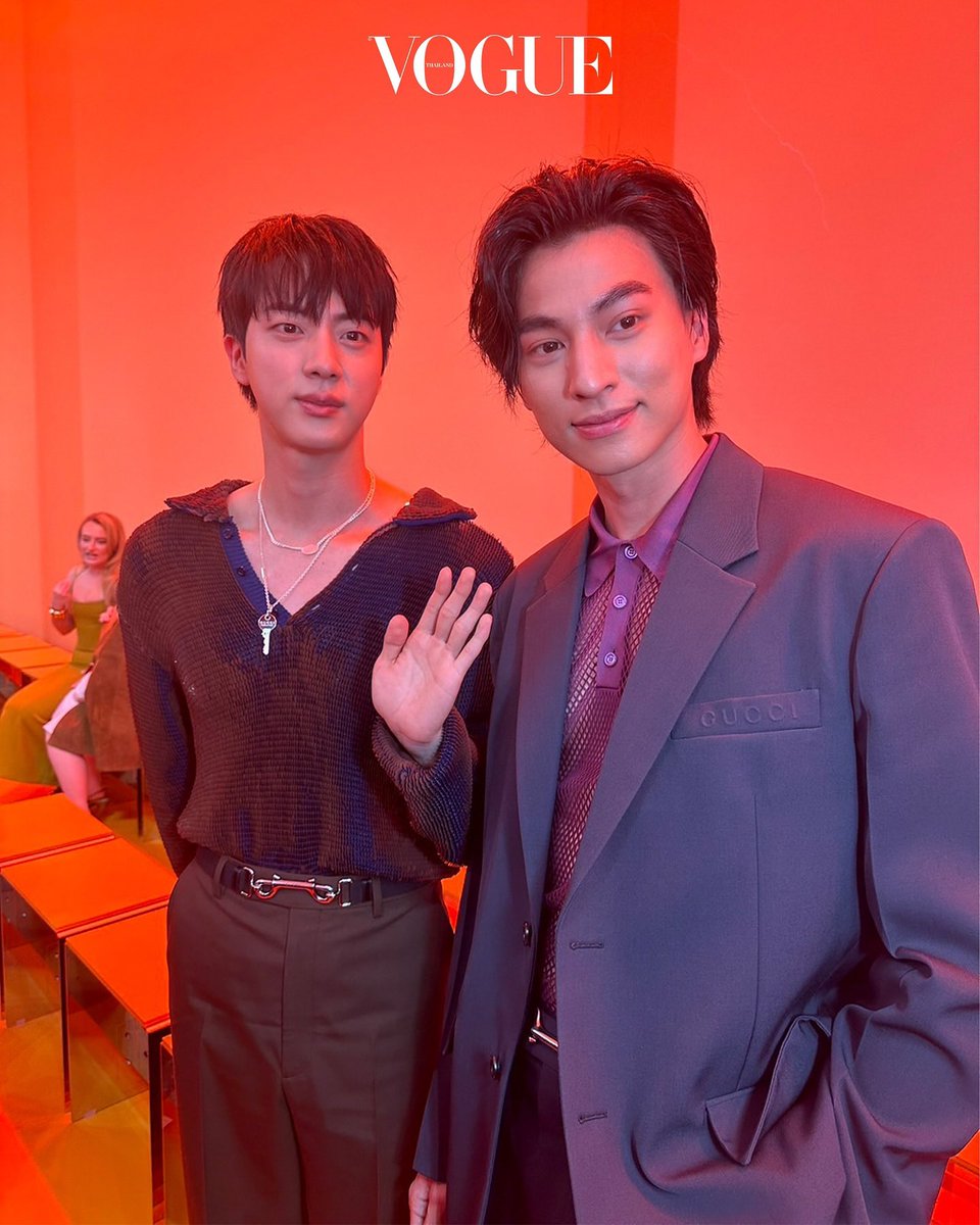 jinnieslamp's tweet photo. Vogue Thailand Instagram 

“Set of still photos capturing the moment between Jin of BTS and Gulf Kanawut 
 at the Gucci show for the Spring/Summer 2025 collection.”

FACE OF GUCCI JIN
JIN AT MILAN FASHION WEEK
#JinxGucciSS25 #GucciSS25
#GucciIstante @Gucci https://t.co/hpsNYzA8tY
