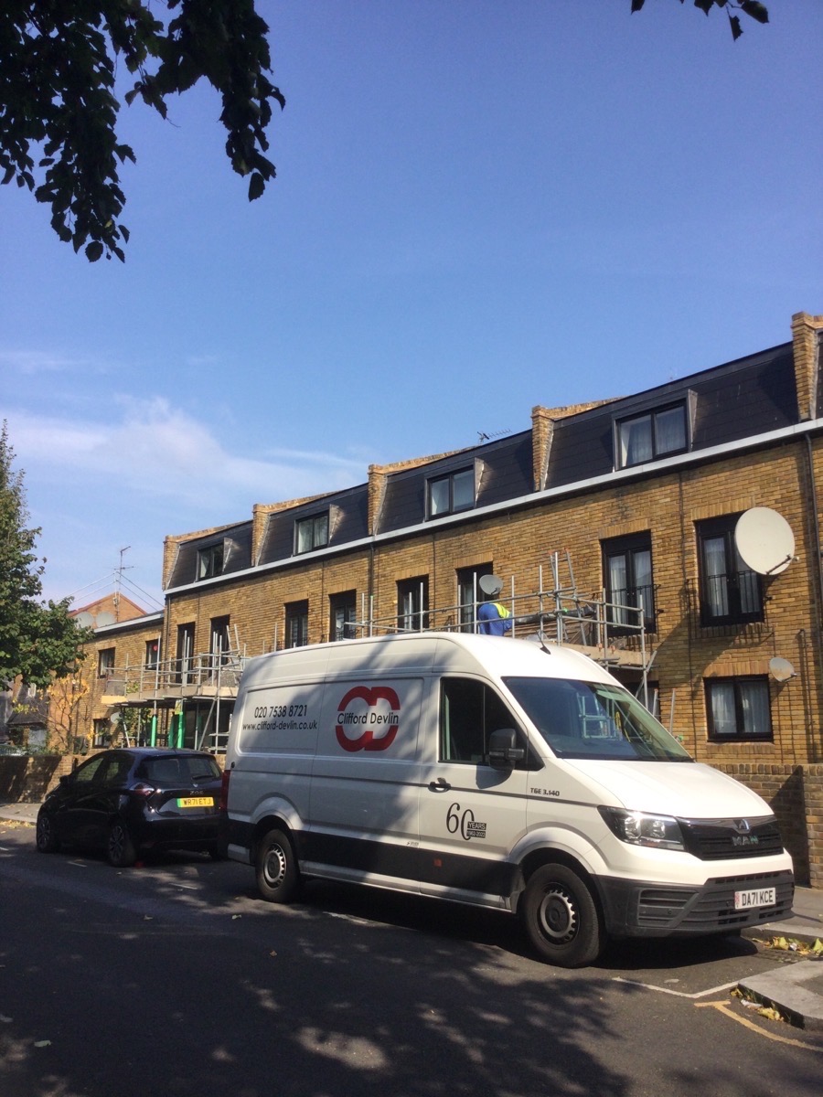 Roof refurbishment in full swing at Swinbrook Estate for Amber Construction Services. 

Our scope includes removal of old roof coverings and the supply &amp; installation of new high-quality roofing systems across main roofs, mansards, and low-levels throughout several blocks.