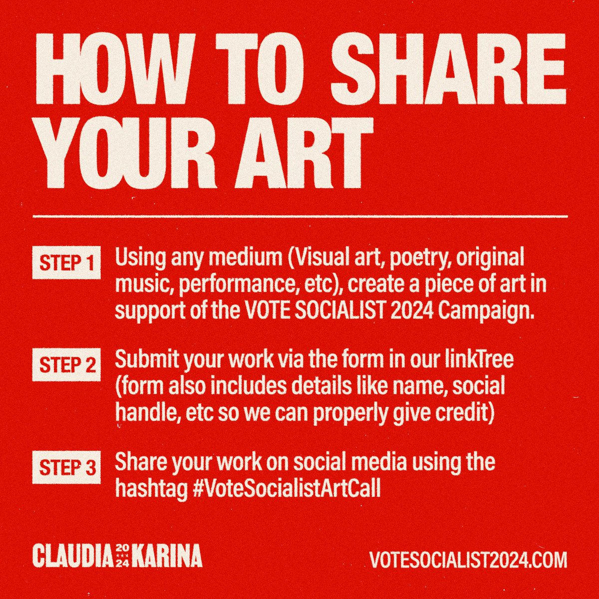 🎨🎵SUBMIT TO THE #VOTESOCIALISTARTCALL!

To help us spread the message about our campaign in this final stretch, we're calling on artists to create art in support of the Vote Socialist 2024 campaign! 

Any and all mediums are welcome (ex. graphic art, photography, poetry, song,