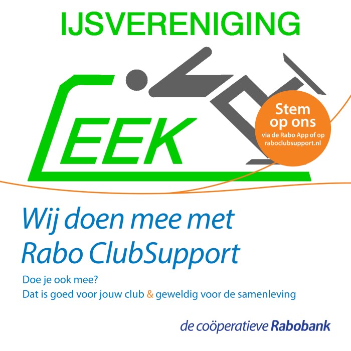 Heeft u als gestemd op IJsvereniging Leek? 
Stem op onze ijsvereniging en help mee ons duurzaamheidsproject af te ronden.  Meer informatie vindt  je op: ijsverenigingleek.nl/Rabobank-ClubS…