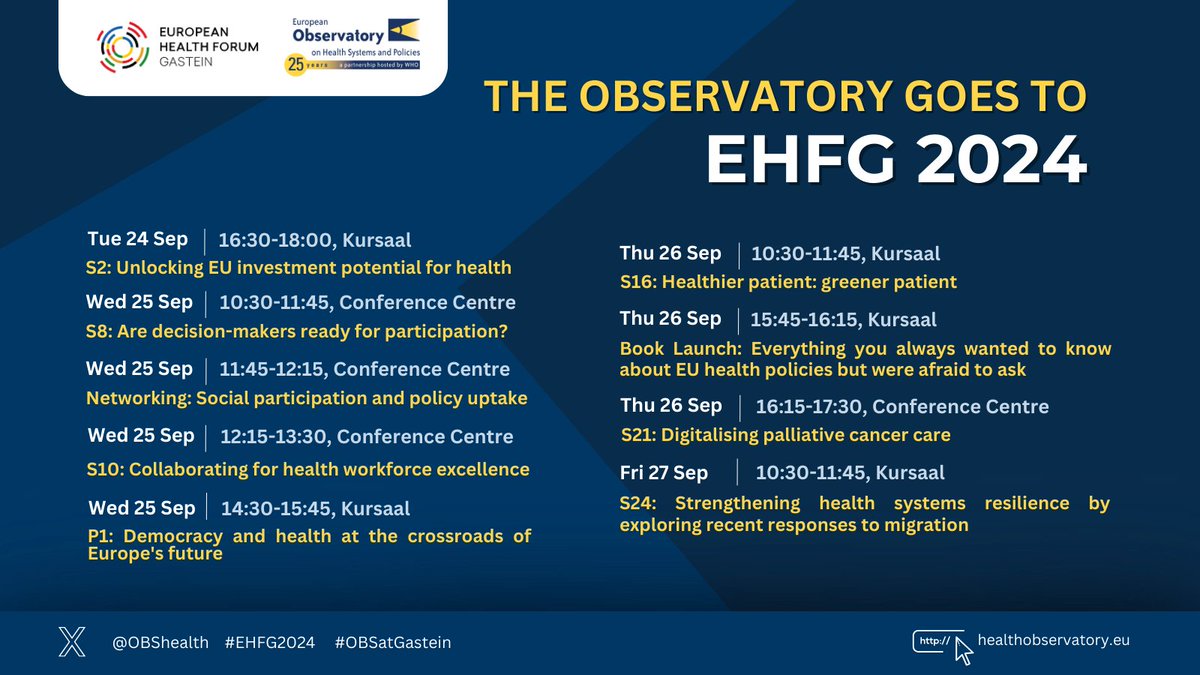 European Observatory on Health Systems & Policies (@obshealth) on Twitter photo ⏳ Only a matter of days until #EHFG2024 begins!
👇 Find more about the Observatory's participation at <a href="/GasteinForum/">GasteinForum</a> this week & keep up with the conference's exciting schedule: eurohealthobservatory.who.int/news-room/even…
<a href="/dimitrapanteli/">Dimitra Panteli</a> <a href="/dheepa_rajan/">D. Rajan</a> <a href="/josepfigueras/">josep figueras</a> <a href="/matthiaswismar/">Matthias Wismar</a> <a href="/scottlgreer/">Scott L. Greer 🇺🇦</a> ⏳ Only a matter of days until #EHFG2024 begins!
👇 Find more about the Observatory's participation at <a href="/GasteinForum/">GasteinForum</a> this week & keep up with the conference's exciting schedule: eurohealthobservatory.who.int/news-room/even…
<a href="/dimitrapanteli/">Dimitra Panteli</a> <a href="/dheepa_rajan/">D. Rajan</a> <a href="/josepfigueras/">josep figueras</a> <a href="/matthiaswismar/">Matthias Wismar</a> <a href="/scottlgreer/">Scott L. Greer 🇺🇦</a>