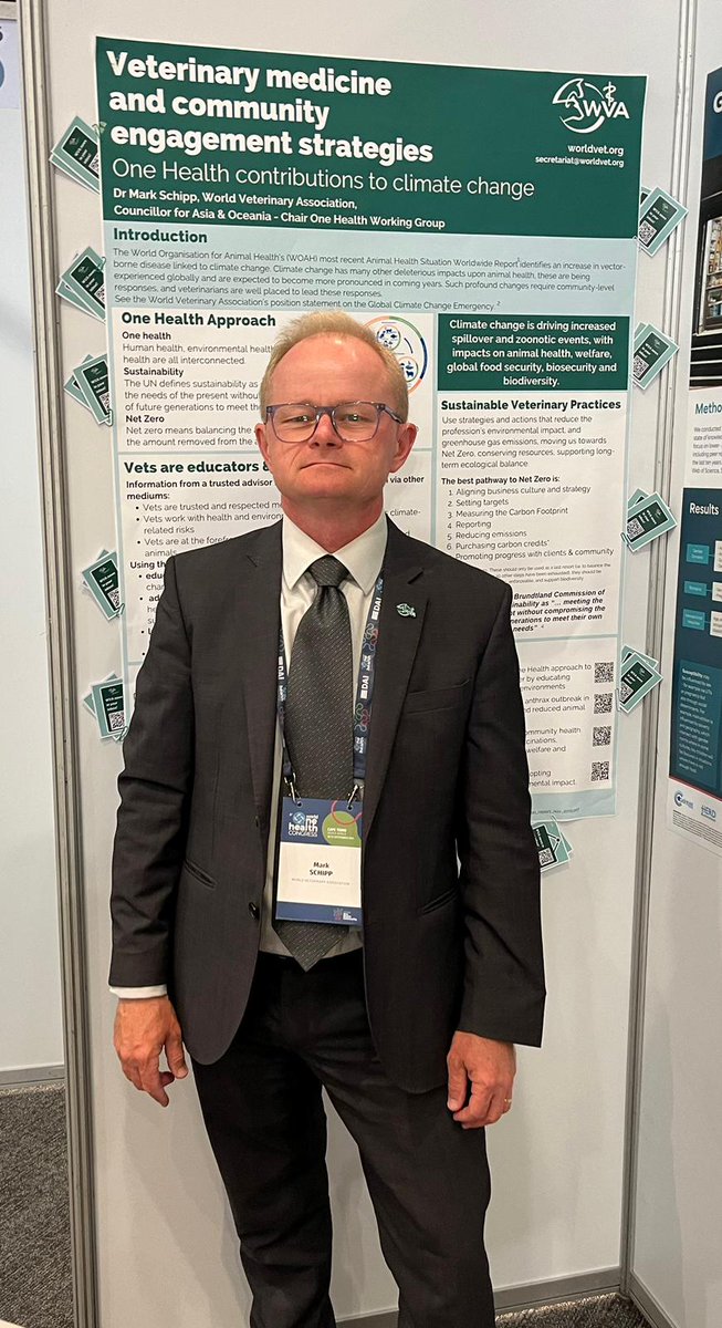 WorldVetAssoc's tweet photo. The @WOHCongress starts today in Cape Town, to discuss global #OneHealth #science &amp; #Policy
WVA's Councillor &amp; Chair of the One Health Working Group @MarkSchipp is by the poster 3069-Vet medicine and community engagement strategies: One Health contributions to climate change https://t.co/lsl3x47dQN