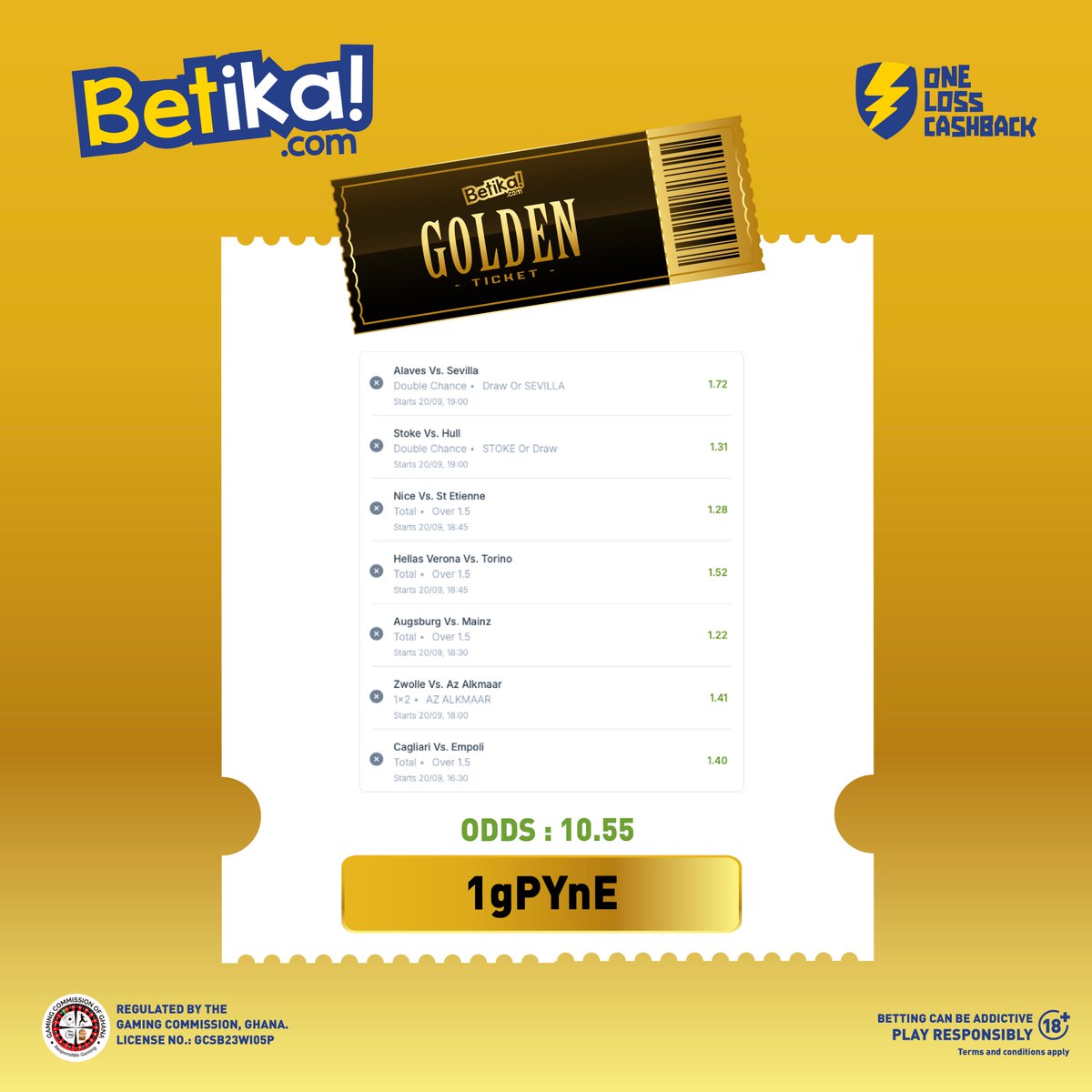 Betika_Ghana's tweet photo. Check out today's Betika Golden Ticket. Play with the code, 1gPYnE, or edit it to fit your preference. NB: If only one game spoils the slip, you get 100% of your money back. Look sharp and Play: https://t.co/FfxtnFTHpP. T&Cs apply. #Betikagh #OneLossCashback #BetikaGoldenTicket https://t.co/Q0PAVezSWs