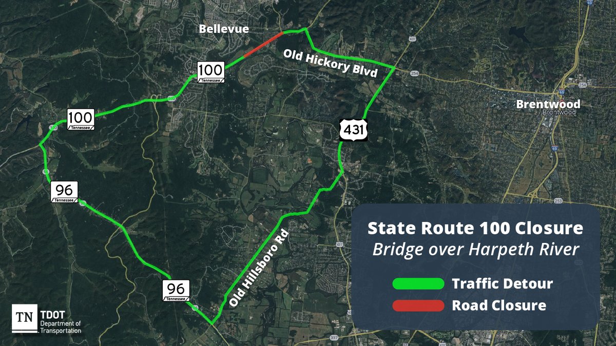DAVIDSON and WILLIAMSON counties: the SR 100 bridge over the Harpeth River will be CLOSED from 8 p.m. tonight until 5 a.m. Monday. Check out the detour 👇
