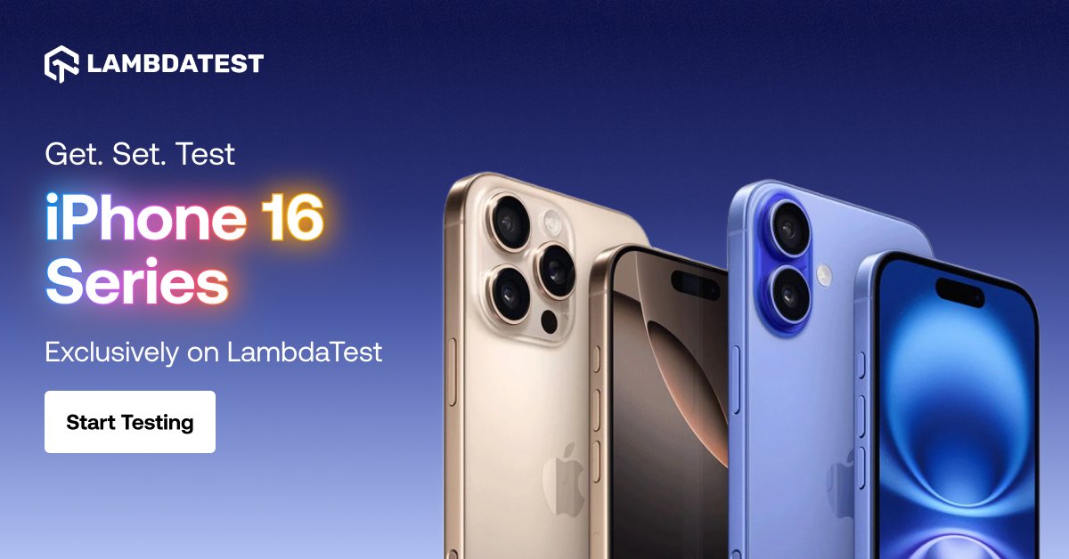 testmuai's tweet photo. 🔍Why wait? Be the first to test on the iPhone 16 Series with the latest iOS 18 on LambdaTest 🔗https://t.co/RhJYJSvtPv

Now make your web and mobile apps future ready with the latest:

➡ iPhone 16
➡ iPhone 16 Plus
➡ iPhone 16 Pro
➡ iPhone 16 Pro Max

Run both manual and automated tests at scale.

#iPhone16 #SoftwareTesting #LambdaTestYourApps