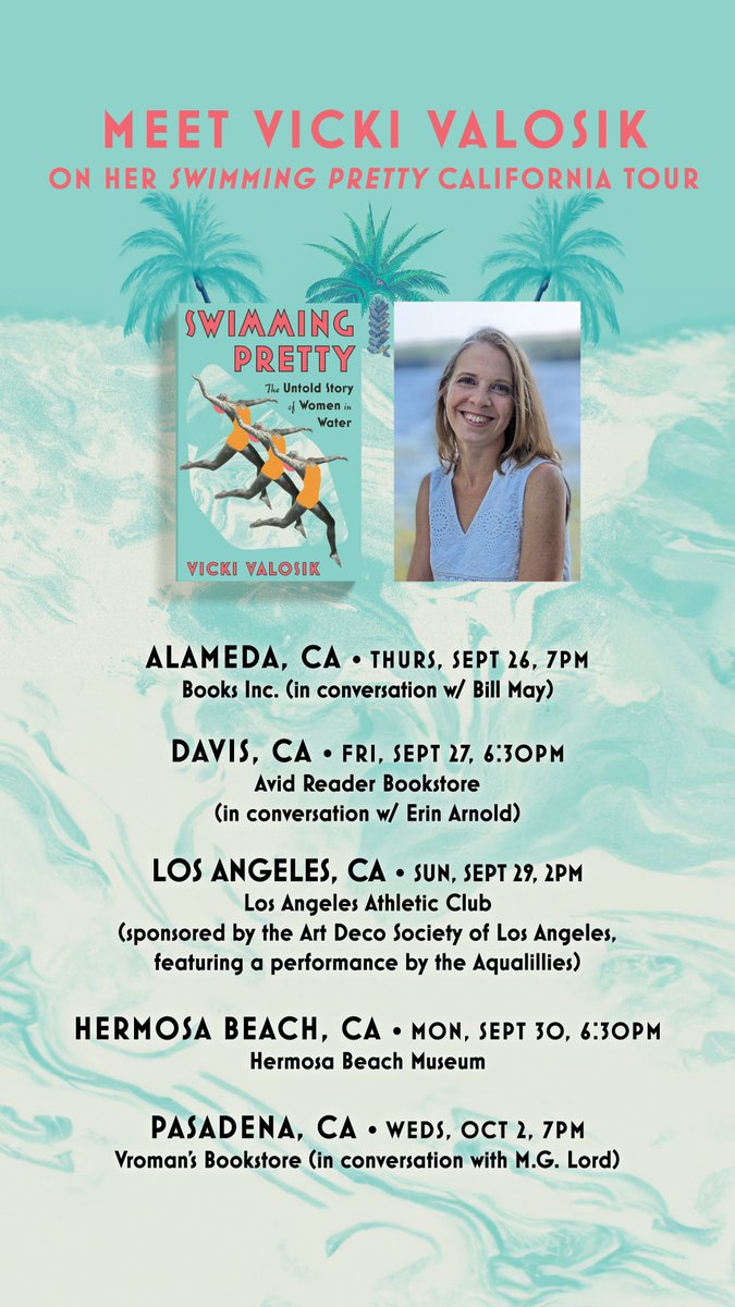 California friends, I would love to see you at one of my  #SwimmingPretty book events in the Bay and LA areas. I'll be joined by an amazing lineup of swimmers and writers, including a show by the <a href="/Aqualillies/">Aqualillies</a>! #synchro #artisticswimming <a href="/LiverightPub/">Liveright Books</a> linktr.ee/admin
