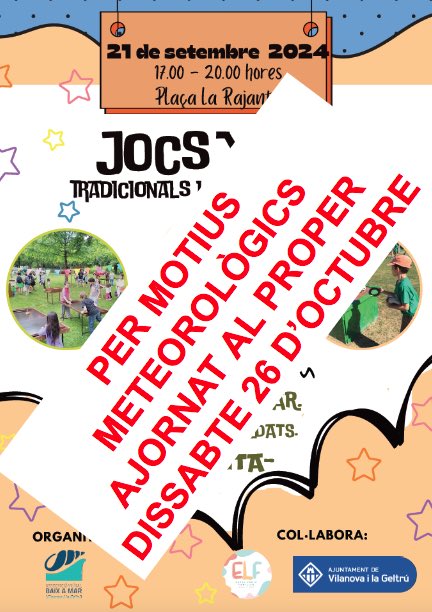 avbarridemarvng's tweet photo. Degut a les adverses previsions meteorològiques, es suspèn l'activitat de "Ludiespai a la Rajanta" prevista per demà dissabte 21 de setembre.
L’hem ajornada i tindrà lloc el dissabte 26 d'octubre. Ja us ho recordarem en el seu moment. https://t.co/5VYHBCQ2vp