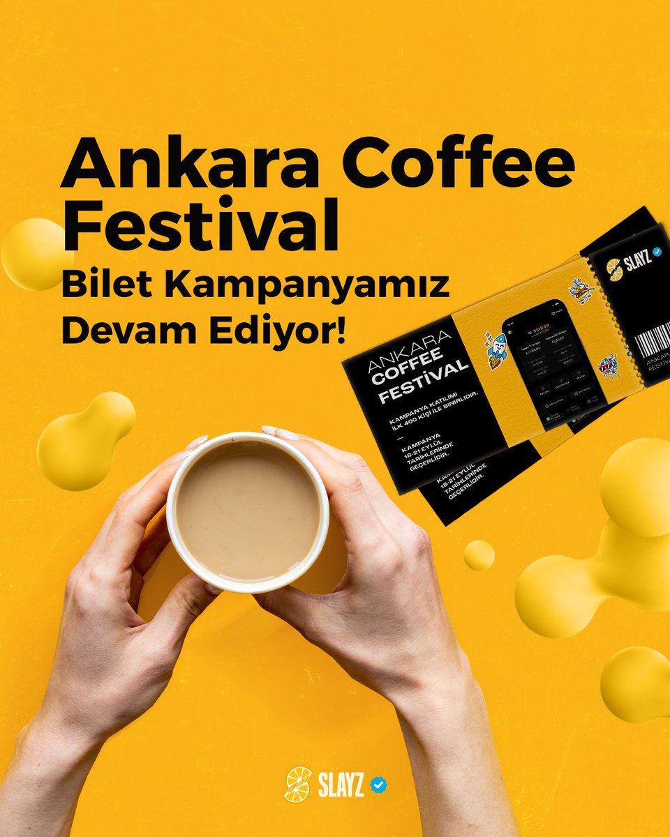 slayzapp's tweet photo. Yatırım dünyasına adımını at, Ankara Coffee Festival’e biletini kap! 👉☕️

🎟 Hemen şimdi “KAHVE” koduyla Slayz’a kayıt ol ve üyeliğini tamamla, festivale bilet kazanan ilk 400 kişiden biri ol!

Detaylı bilgi;

*Kampanya 18-21 Eylül tarihlerinde geçerlidir.

*Kampanya katılımı ilk 400 kişi ile sınırlıdır.

*Bilet hak sahiplerine, biletleri destek@slayz.app üzerinden e-posta ile iletilecektir.