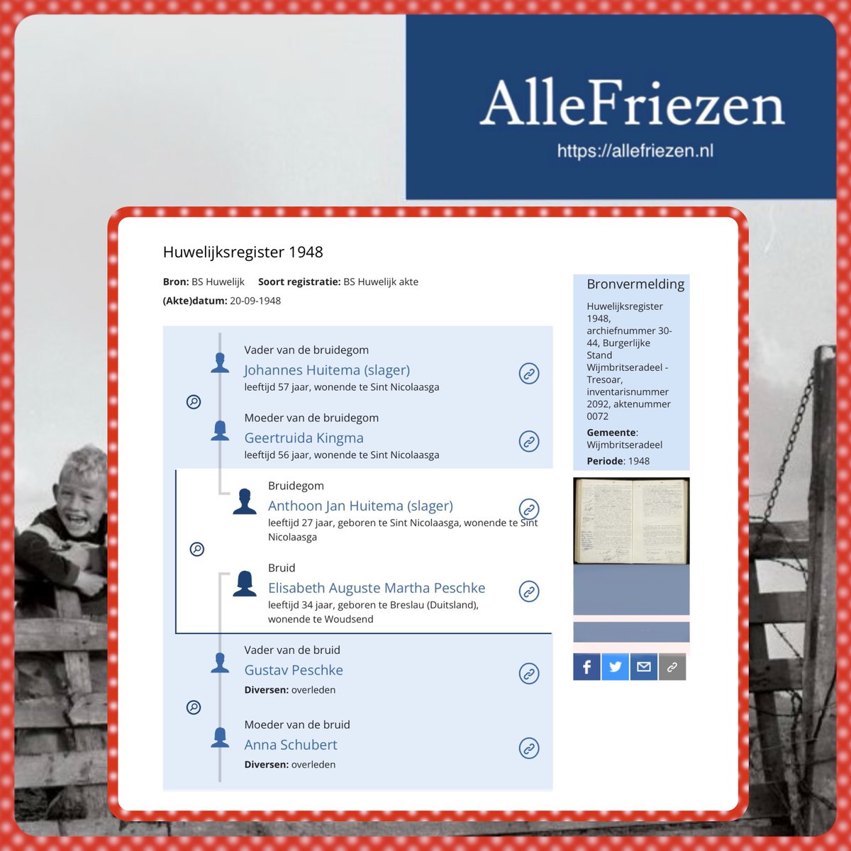 Op 20 september 1948 trouwden Anthoon Jan Huitema(slager) uit Sint Nicolaasga en Elisabeth Auguste Martha Peschke uit Woudsend. Toegevoegd op Allefriezen.nl de huwelijken van Wijmbritseradeel 1948.
#stamboomonderzoek #genealogie #sudwestfryslan