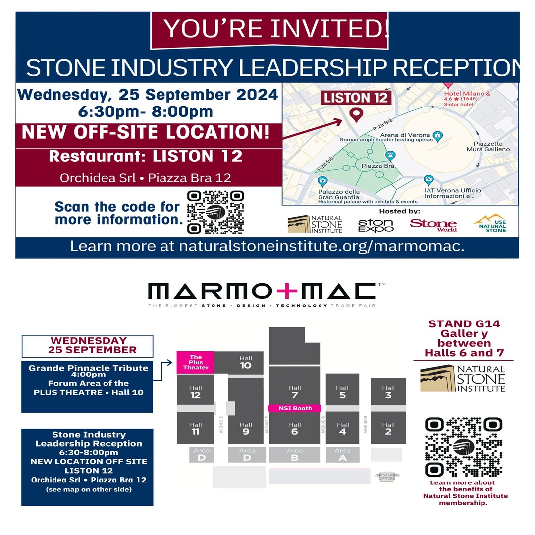 We are honored to co-host the Marmomac Party with Natural Stone Institute and Stone World. We look forward to seeing our friends at Liston 12 on Wednesday from 6:30pm - 8:00pm.