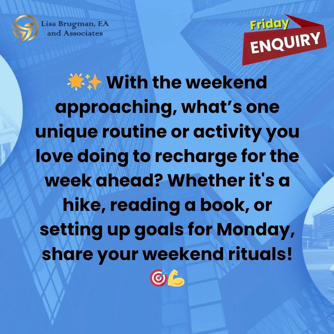 LisaBrugmanEA's tweet image. Share your weekend rituals! 🎯💪"

#WeekendRoutine #Recharge #SelfCare #WeekendVibes #FridayEngagement #ProductivityTips