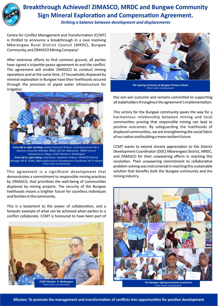 Paving way for sustainable development. A new agreement between ZIMASCO, MRDC, and Bungwe Community. Learn more from our news sheet.
#development #Displacement #SustainableDevelopment #sustainability #developmentinduceddisplacements #peaceispossible  <a href="/XavierMudangwe/">Xavier Mudangwe</a>