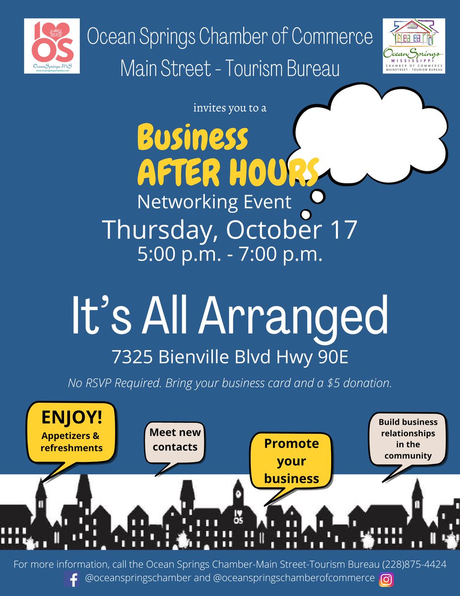 Join us for Business After Hours at It's All Arranged, 7325 Bienville Blvd Hwy 90E, on Thursday, October 17 from 5:00 - 7:00 p.m. Bring your business card and a $5 donation.