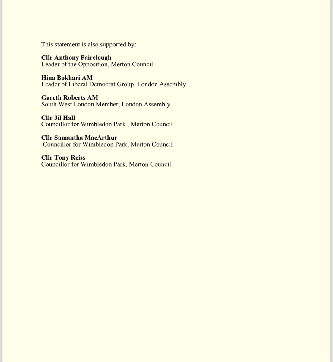My statement regarding the forthcoming GLA hearing on the AELTC’s plans regarding Wimbledon Park. 

Supported by <a href="/HinaBokhariLD/">Hina Bokhari OBE AM 🔶</a>, <a href="/Gareth_Roberts_/">Gareth Roberts</a> , <a href="/AJ_Fairclough/">Anthony Fairclough 🔶</a>, <a href="/sammacart/">Samantha MacArthur</a>,  <a href="/jil_hall/">Jil Hall</a> &amp; <a href="/tonyreiss_uk/">Tony Reiss</a>