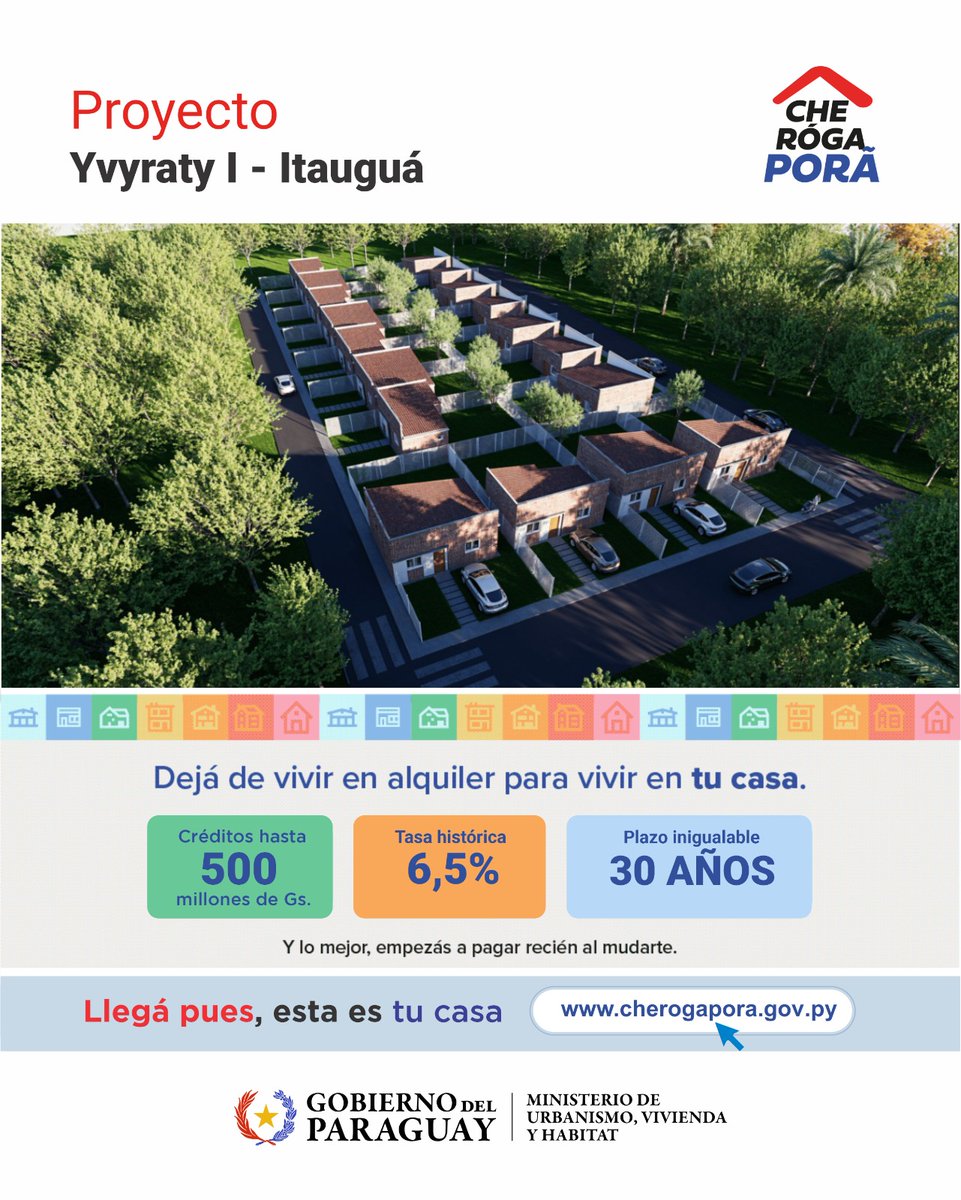 juancbaruja's tweet photo. ¡Che Róga Porã crece para hacer posible el sueño de la casa propia 🇵🇾!

Sumamos el proyecto Yvyraty 1, especial para aquellas familias interesadas en adquirir su primera vivienda a precio de alquiler, en Itauguá.

Conocé más en https://t.co/vc1p2ns4JZ

Garantizar el desarrollo integral de las familias paraguayas es primordial para el Gobierno del Presidente @SantiPenap.

#GobiernoDelParaguay