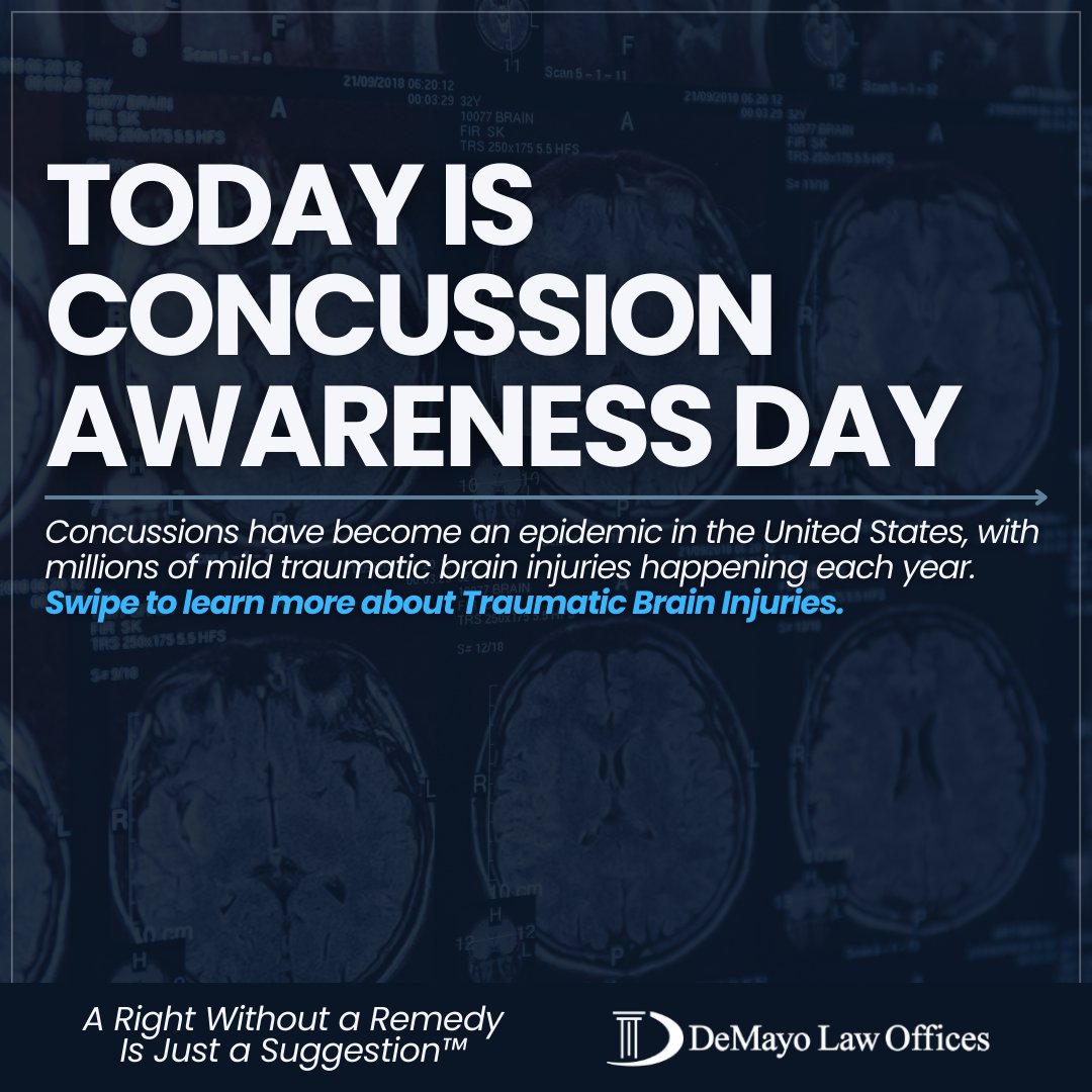 demayolaw's tweet image. It's National Concussion Awareness Day! We’re offering our support to community members who have been impacted by a brain injury. For over 30 years, we've been helping individuals who have been impacted by a TBI. Learn more at DeMayoLaw.com. #ConcussionAwarenessDay