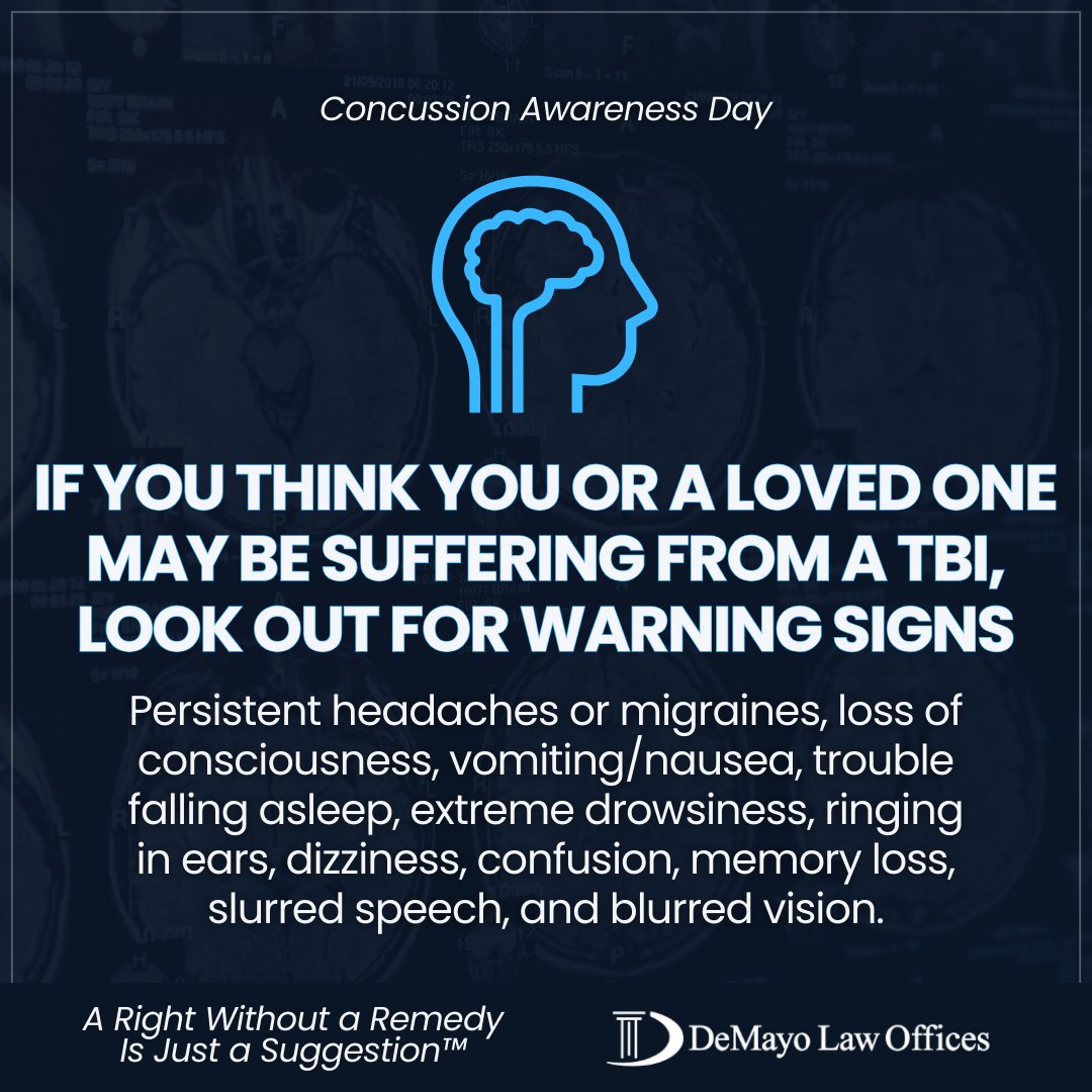 demayolaw's tweet image. It's National Concussion Awareness Day! We’re offering our support to community members who have been impacted by a brain injury. For over 30 years, we've been helping individuals who have been impacted by a TBI. Learn more at DeMayoLaw.com. #ConcussionAwarenessDay