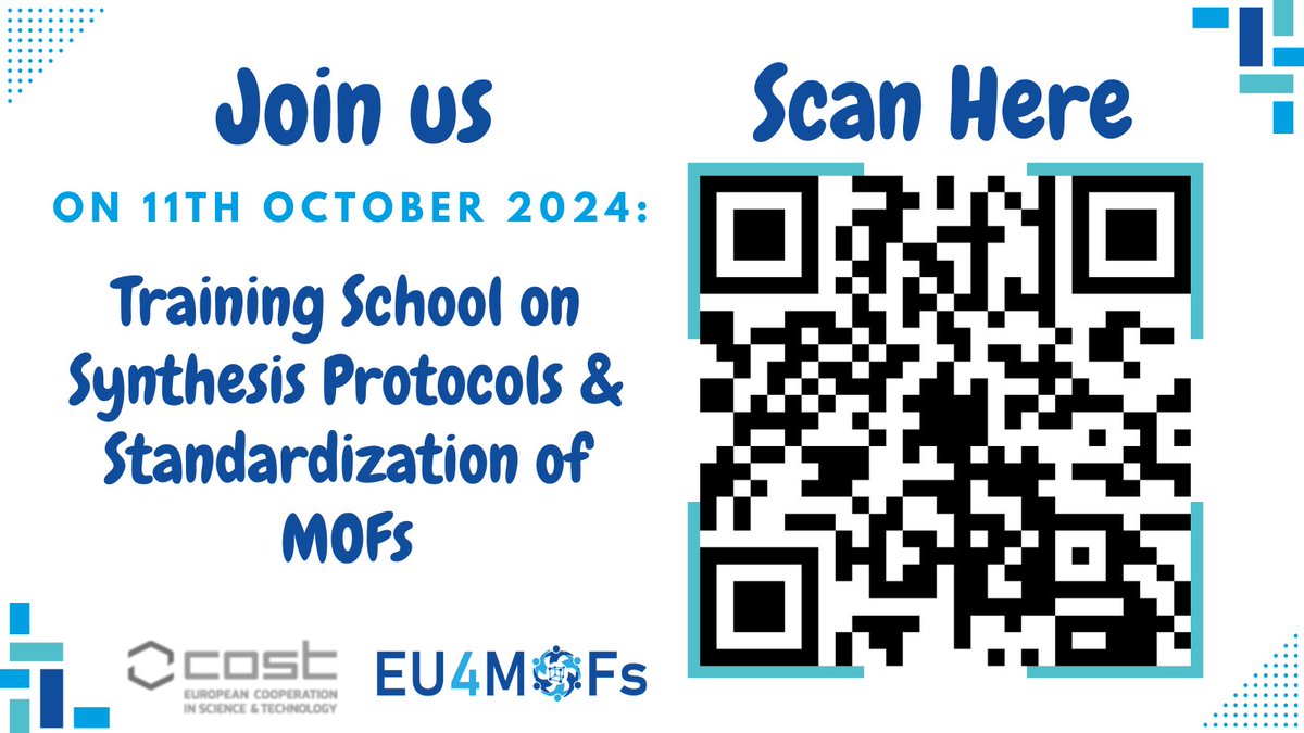🚨 Join us for the Training School on Synthesis Protocols &amp; Standardization of MOFs!
🔬 A great opportunity to enhance your skills in MOF synthesis techniques. Don't miss out!
👉 Register now by scanning the QR code below or via this link: tinyurl.com/WG1trainingsch…
<a href="/COSTprogramme/">COST</a>