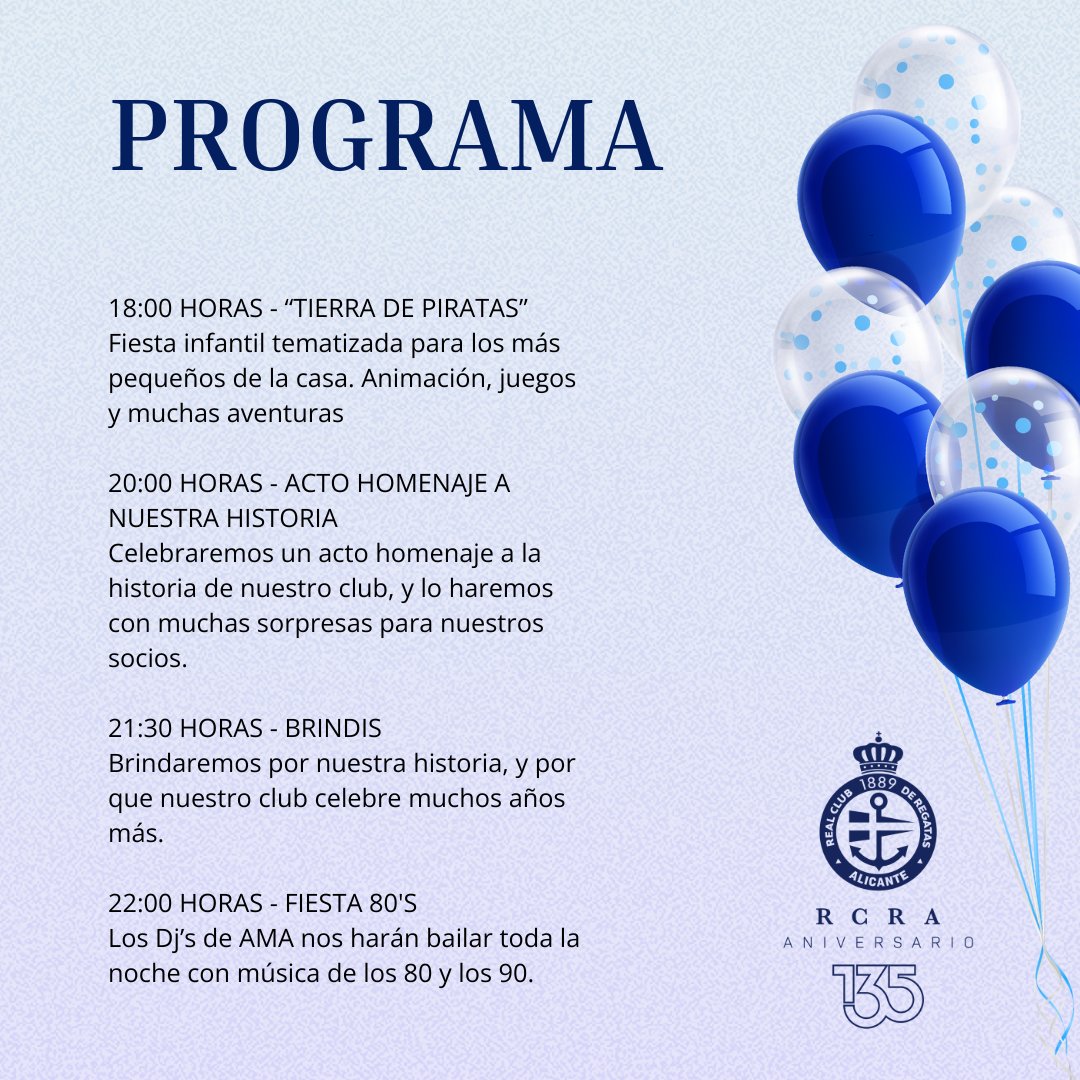 Nuestro club cumple 135 años 🎂 y lo celebramos con un evento especial lleno de sorpresas para nuestros socios.
🪅 De 18:00h a 22:00h: Fiesta infantil "TIERRA DE PIRATAS" 
📕 A las 20:30h: Acto especial para repasar nuestra historia
🪩 Para cerrar, fiesta con los Dj's de AMA