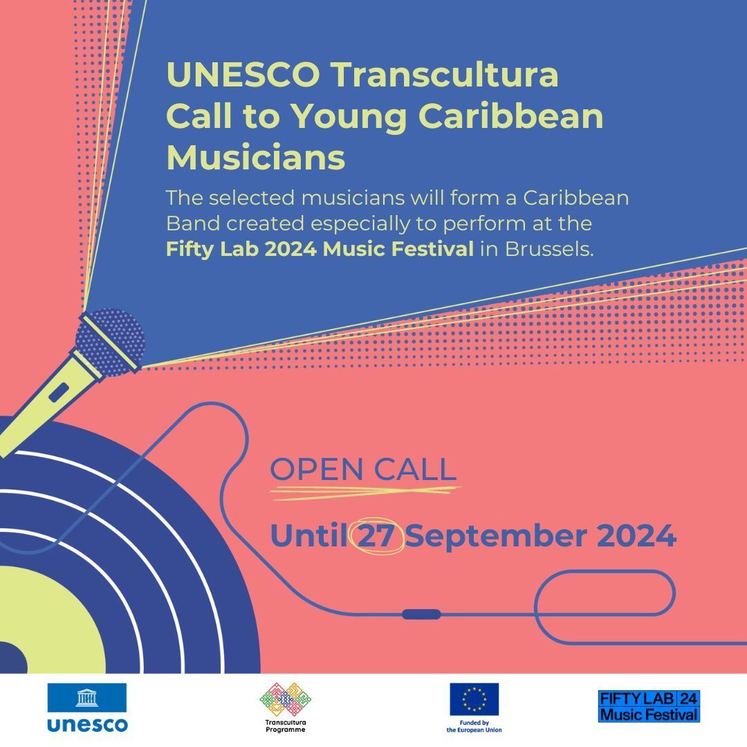 Attention young musicians from the Caribbean!  🎶

Join the Caribbean band and perform at the <a href="/FiftyLab/">Fifty Lab</a> in Brussels, from 13 to 15 November 2024. Categories: 🎷🎺🥁🎹

📅 Submit your application before 27 September:  buff.ly/4gtfY16

#Transcultura #UNESCO #EU 🇪🇺