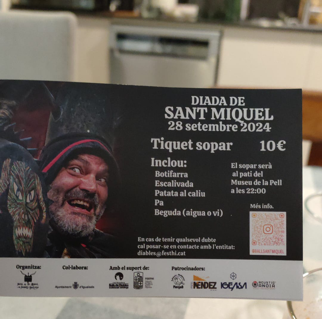 A partir de demà ja es podran comprar els Tiquets pel sopar de la Diada de Sant Miquel 
📌<a href="/barridexauxa/">Barri de Xauxa</a>
de 19:00 a 21:00 📷 Cafè de l'
📌<a href="/AteneuIgualadi/">Ateneu Igualadí</a>
11:00 a 13:00 i 16:30 a 20:00 (dilluns tarda tancat) 📷📌<a href="/El_Foment/">Casal Popular Igd</a> Tardes a partir de les 18:00
Límit: Dijous 26 de setembre