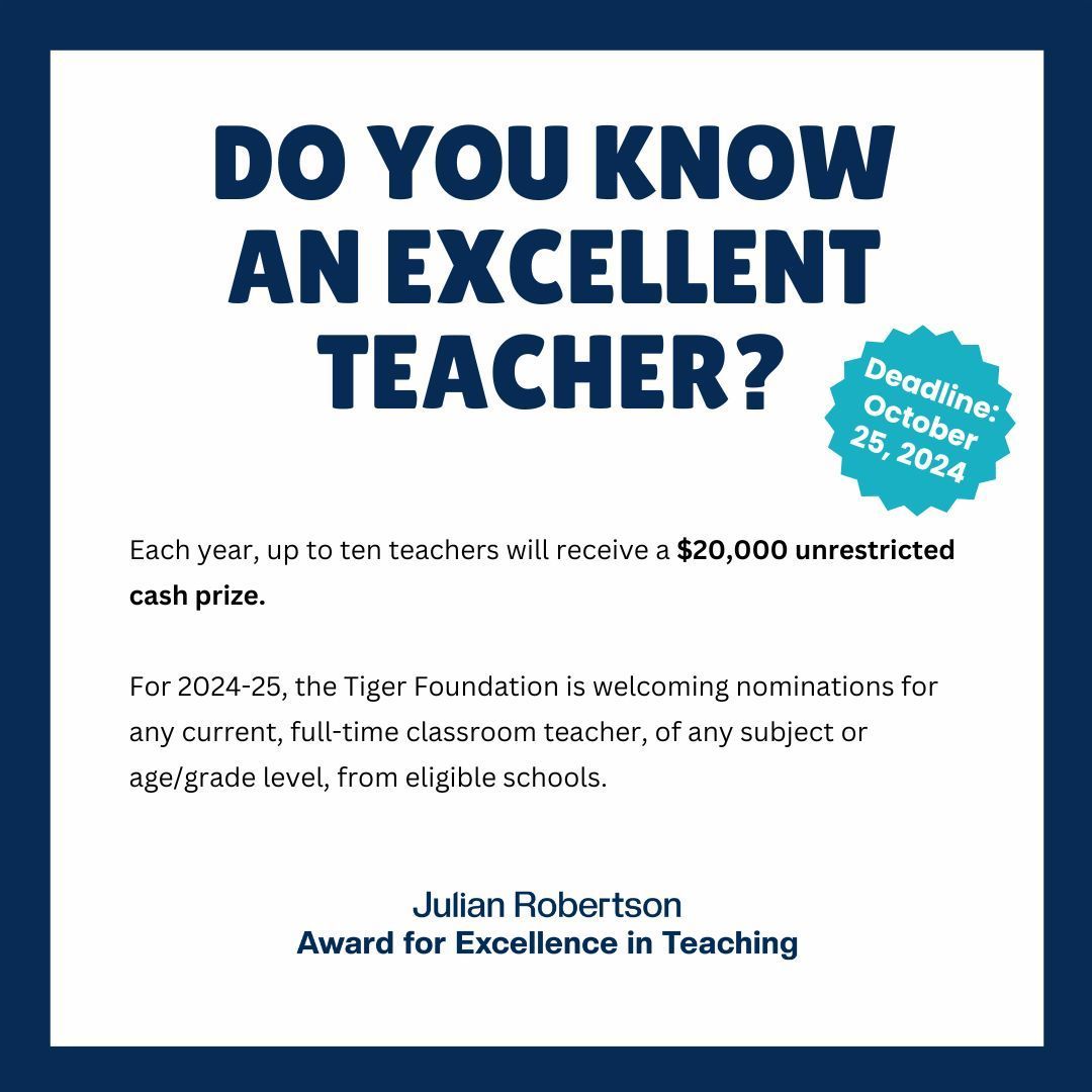 Tiger Foundation, a longtime supporter of our Butterflies program, just launched the Julian Robertson Award for Excellence in Teaching to honor NYC's outstanding educators. Up to 10 teachers will each receive a $20K award! Nominate a teacher by Oct 25 at buff.ly/3XMUkh5