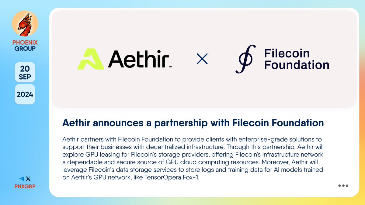 pnxgrp's tweet photo. π₯ @AethirCloud announces a partnership with @FilFoundation
#Aethir partners with #FilecoinFoundation to provide clients with enterprise-grade solutions to support their businesses with decentralized infrastructure. Through this partnership, Aethir will explore #GPU leasing for Filecoinβs storage providers, offering Filecoin's infrastructure network a dependable and secure source of GPU cloud computing resources. Moreover, Aethir will leverage Filecoinβs data storage services to store logs and training data for #AI models trained on Aethirβs GPU network, like TensorOpera Fox-1.
Aethir $ATH is a decentralized GPU cloud infrastructure positioned as an enterprise-grade AI-focused GPU-as-a-service provider tailored for AI and gaming. Backed by @hiFramework, @MeritCircle_IO, @HashKey_Capital, @animocabrands, @MaelstromFund, @mirana and others, Aethir has raised over $32M for its ecosystem.
π https://t.co/xKcogA98zc