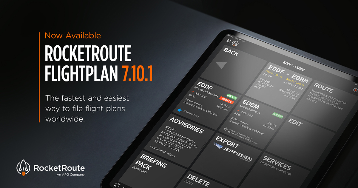 Stay informed with RocketRoute FlightPlan 7.10.1! New features include real-time advisories, offline access, and historic flight data. Streamline your flight planning today!

Start your free trial:
hubs.ly/Q02QCKQL0

#Aviation #FlightPlanning #EFB #Pilots #BizAv