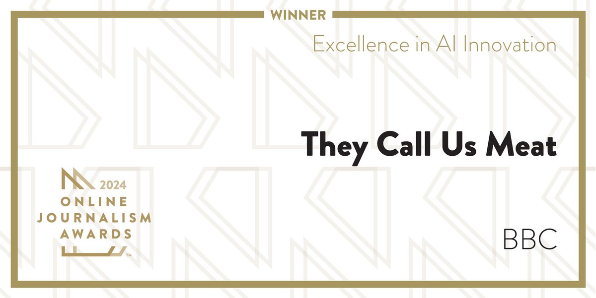 WINNER! Excellence in AI Innovation: They Call Us Meat by <a href="/BBC/">BBC</a>. awards.journalists.org/entries/they-c… #OJA24