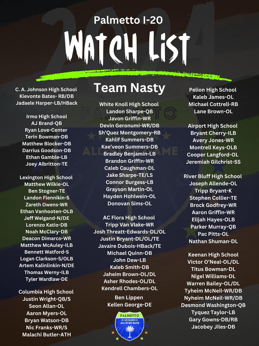 Palmetto I-Series Classic (@i_20classicfb) on Twitter photo ALL Eyes on Them‼️👀 Official 2024 Palmetto I-20 Watch List. To ALL our Seniors Keep Doing what you Do!💪🏈🫡 <a href="/CAJ_Football/">C. A. Johnson Football</a> <a href="/Irmo_Football/">Irmo Football</a> <a href="/LHS_WILDCATS/">Lexington HS Wildcat Athletics</a> <a href="/columbiacaps/">Columbia Caps</a> <a href="/wk_timberwolves/">WhiteKnollHighSchool</a> <a href="/ACFloraFootball/">AC Flora Football</a> <a href="/BenLippenFB/">Ben Lippen Football</a> <a href="/PelionAthletics/">Pelion Panthers</a> <a href="/AHS_Leads/">Airport High School Eagles</a> <a href="/RBGatorFootball/">River Bluff Football</a> <a href="/WJKeenan_FB/">W.J. Keenan Raiders Football</a> ALL Eyes on Them‼️👀 Official 2024 Palmetto I-20 Watch List. To ALL our Seniors Keep Doing what you Do!💪🏈🫡 <a href="/CAJ_Football/">C. A. Johnson Football</a> <a href="/Irmo_Football/">Irmo Football</a> <a href="/LHS_WILDCATS/">Lexington HS Wildcat Athletics</a> <a href="/columbiacaps/">Columbia Caps</a> <a href="/wk_timberwolves/">WhiteKnollHighSchool</a> <a href="/ACFloraFootball/">AC Flora Football</a> <a href="/BenLippenFB/">Ben Lippen Football</a> <a href="/PelionAthletics/">Pelion Panthers</a> <a href="/AHS_Leads/">Airport High School Eagles</a> <a href="/RBGatorFootball/">River Bluff Football</a> <a href="/WJKeenan_FB/">W.J. Keenan Raiders Football</a>