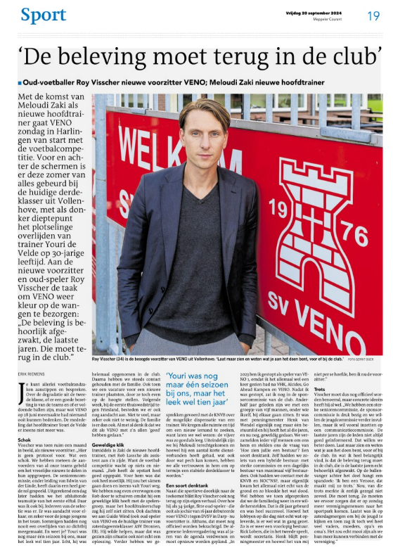 Riemenserik's tweet image. Voor de @MeppelerCourant interviewde ik deze week @royvisscher, de nieuwe voorzitter van @svVENO.
De oud-speler van de club (34) moest meteen dealen met het plotselinge overlijden van hoofdtrainer Youri de Velde.  "Er was aandacht voor elkaar en zeker voor de jonge jongens in het…