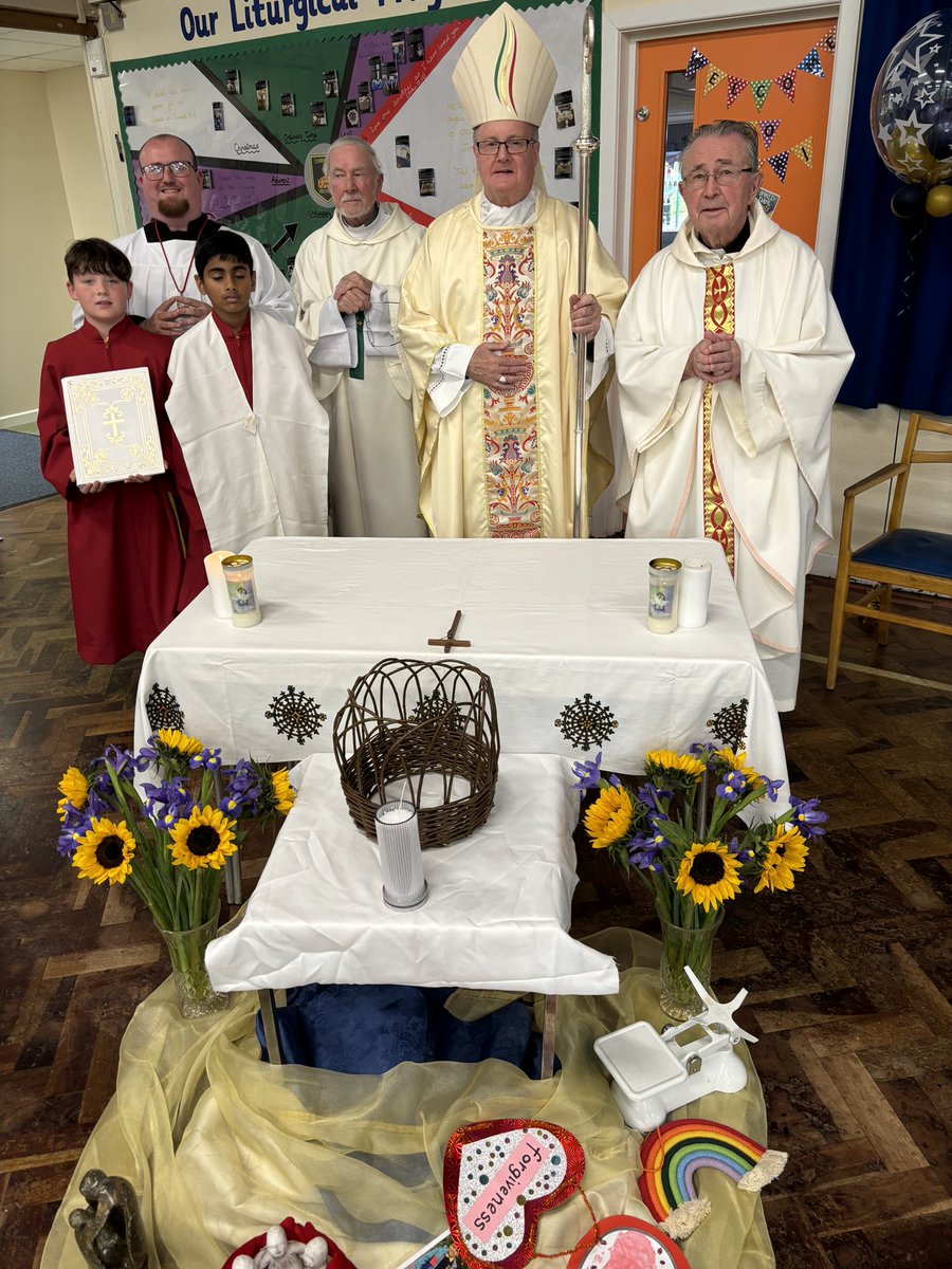 BishopPMcKinney's tweet photo. A most joyful 60th Anniversary celebratory Mass of Christ the King School, Alfreton, which also involved the blessing of a willow crown & a wax candle which the pupils were involved in making. Thank you to Mrs Watts, staff & pupils. https://t.co/P1PNBUBCnY