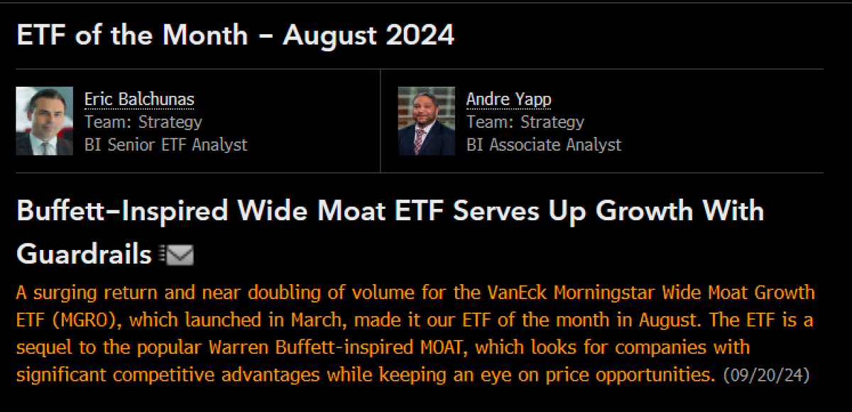 EricBalchunas's tweet photo. Our ETF of the Month for August is.... $MGRO the VanEck Morningstar Wide Moat Growth ETF (MGRO) which is a sequel to the smash hit $MOAT and serves up growth with Buffett-esque screen. It's seen recent pop in volume and 1M returns via @SirYappityyapp https://t.co/Bssu5sx0fm