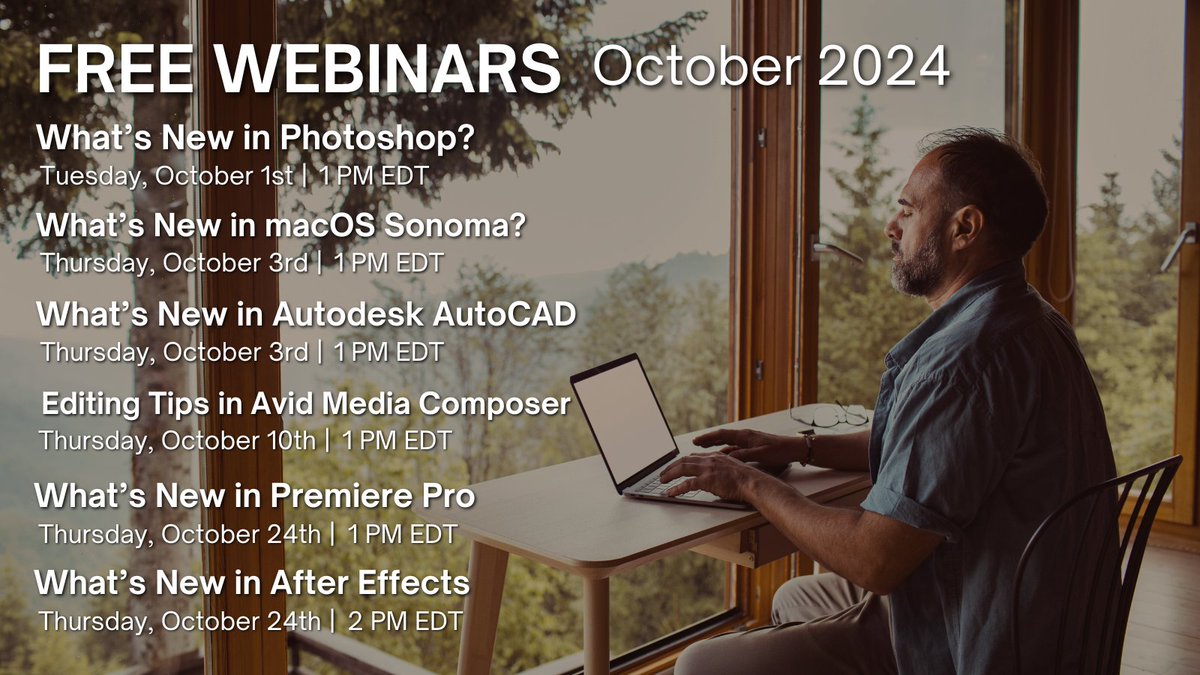 6 FREE WEBINARS THIS OCTOBER! Now's your chance to learn something new about your favorite software! 💻💡

More info on webinars ➡️bit.ly/4epEjTC