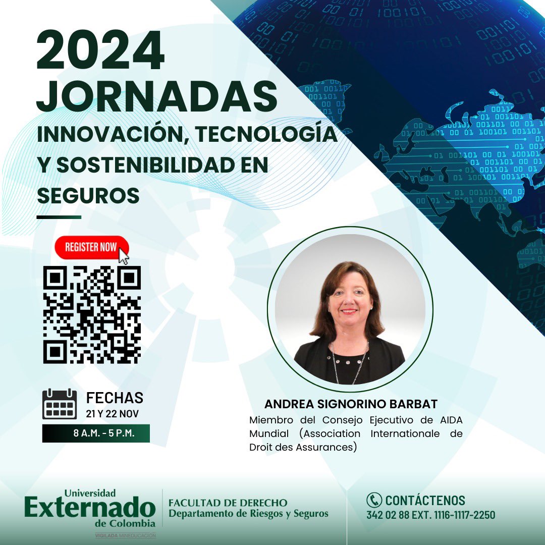 I Jornadas de Innovación, Tecnología y Sostenibilidad en Seguros.

🎙️Contaremos con la participación de expertos nacionales e internacionales de renombre, como la Profesora Andrea Signorino Barbat, miembro del Consejo Ejecutivo de AIDA Mundial.