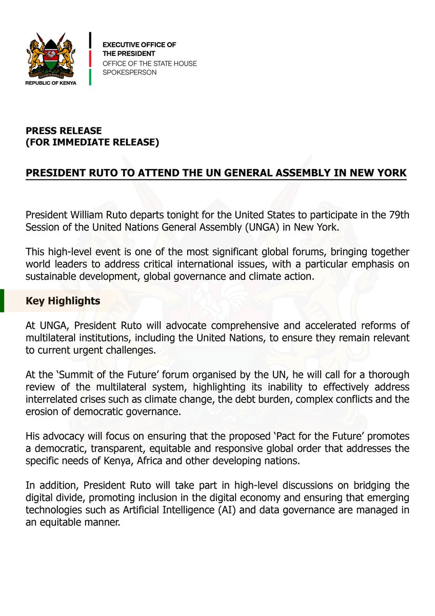 HusseinMohamedg's tweet photo. Press Release: 

President @WilliamsRuto to attend the UN General Assembly in New York: https://t.co/vDaZnxhkGB