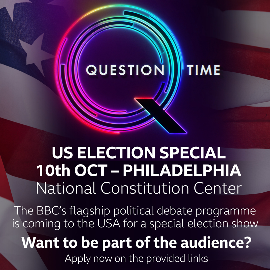 bbcquestiontime's tweet photo. Question Time is heading to the key battleground state of Pennsylvania for a US election special

Would you like to be in the Philadelphia audience and have a chance to put your questions to politicians? 

Apply here: https://t.co/CXxg8QnFcU

#bbcqt https://t.co/wvlCPa7zL1