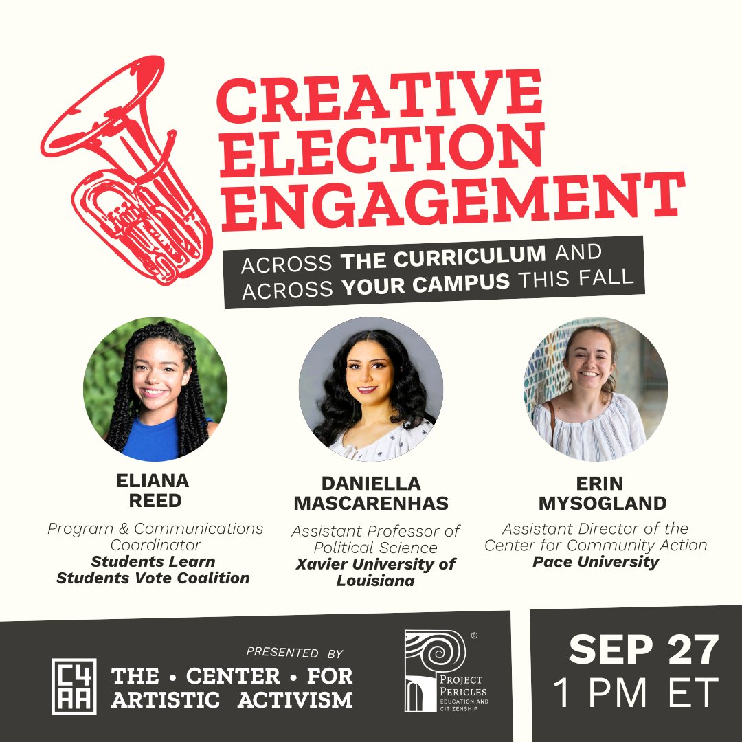 Join us for “Creative Election Engagement Across the Curriculum and Across Your Campus This Fall.” Our very own Assistant Director, Erin, will share how we use the arts and humanities in our #PaceVotes work! <a href="/theC4AA/">The Center for Artistic Activism</a> #ProjectPericles 

c4aa.org/2024/09/get-cr…