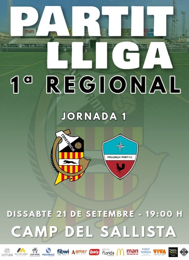 Demà comença la temporada 24/25 del 1a Regional

💥 Jornada 1
<a href="/CEConstancia/">CE Constància</a> 
Pollença i Port
⏰19:00 H
🏟️ Camp del Sallista 

#FutbolÉsConstància