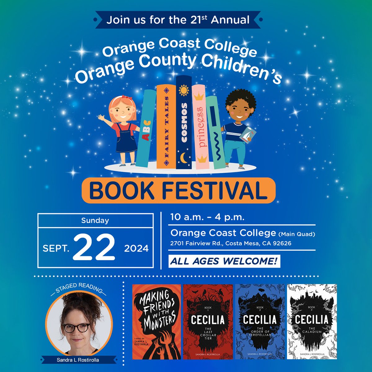 SLRostirolla's tweet photo. #WritingCommunity #ReaderCommunity 

📚📚📚Join me Sunday, September 22nd at the Orange County Children’s Book Festival!!! 📚📚📚

#thingstodoinoc #bookfestival #kidsbookfestival #thingstodoinorangecounty #familyfun #makingfriendswithmonsters #thececiliaseries https://t.co/prL6IUsxYB