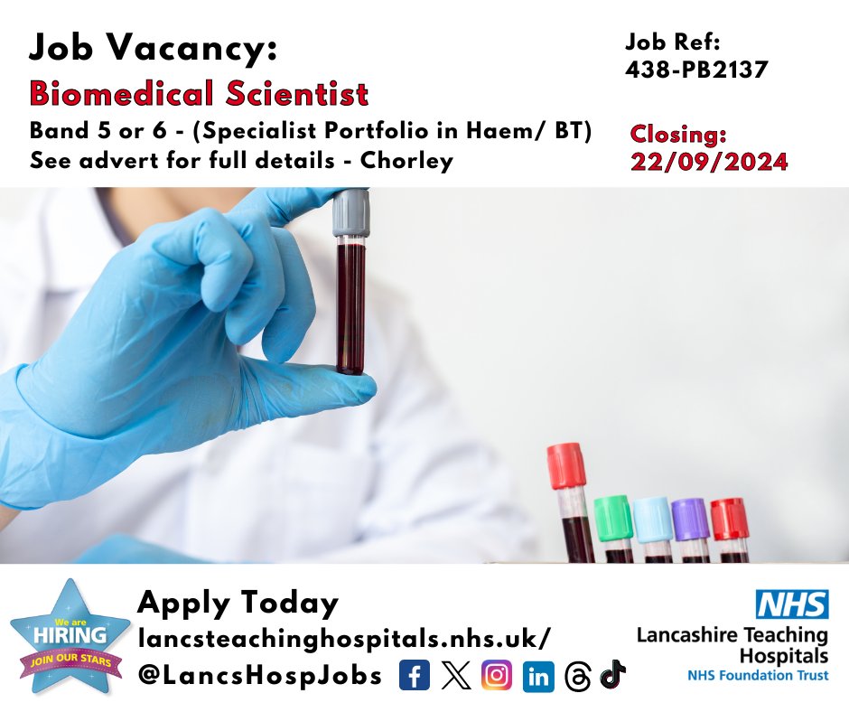 Lancashire Teaching Hospitals Jobs ๐ (@lancshospjobs) on Twitter photo Job Vacancy: Biomedical Scientist <a href="/LancsHospitals/">Chorley & Royal Preston</a>
Closes: 22/09/2024
Read more and apply: lancsteachinghospitals.nhs.uk/join-our-workfโฆ
#NHS #NHSjobs #BiomedicalScientist #Haematology #BloodTransfusion #Biochemistry #Blood #Chorley #Band5 #Band6 Job Vacancy: Biomedical Scientist <a href="/LancsHospitals/">Chorley & Royal Preston</a>
Closes: 22/09/2024
Read more and apply: lancsteachinghospitals.nhs.uk/join-our-workfโฆ
#NHS #NHSjobs #BiomedicalScientist #Haematology #BloodTransfusion #Biochemistry #Blood #Chorley #Band5 #Band6