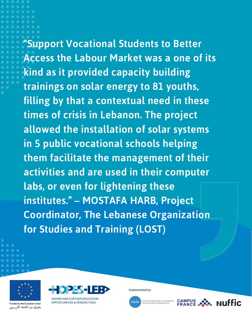 A glimpse on the projects implemented within the scope of the “Funding for Training and Capacity Building” component of the #HOPESLebProject funded by the <a href="/EUinLebanon/">EU in Lebanon</a> by The Lebanese Organisation of Studies and Training

<a href="/DAAD_Germany/">DAAD News</a> <a href="/CampusFrance/">Campus France</a> <a href="/Nuffic/">Nuffic</a>
