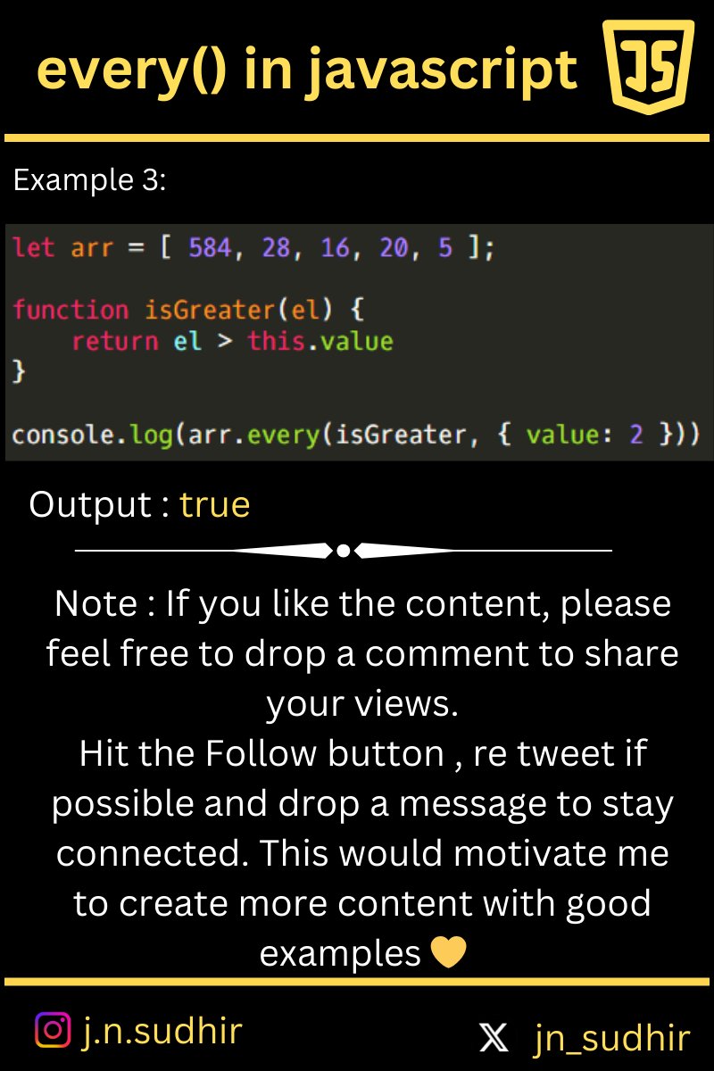 jn_sudhir's tweet image. ๐จโ๐ปevery() is one of the important method in #javascript which we often use in development and in problem solving.
๐What would be the time and space complexity of this method? #javascriptdaily #jn_sudhir
#SoftwareDevelopment #letsconnect