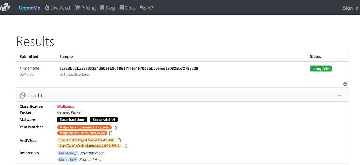 Max_Mal_'s tweet image. #Latrodectus Infection lead to #BruteRatel🕷️🦫

#MalwareAnalysis &amp;amp; #TTPs
Several unpacking routine (VirtualAlloc &amp;amp; VirtualProtect) lead to 2 DLLs

[+] Rundll32.exe T1218.011
Internal name: badger_x64_stealth_rtl.bin.packed.dll
Export Func: DllMain StartW

unpac.me/results/fe22fa…