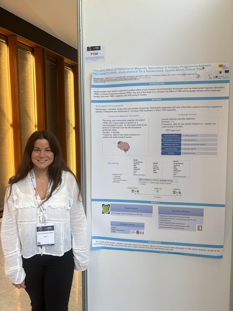 iNeuroClinico (@ineuroclinico) on Twitter photo At #ISFTD2024 <a href="/FdezRomeroLucia/">Lucía Fernández Romero</a> & <a href="/MatiasGuiu/">Jordi A Matias-Guiu</a> have presented several studies about primary progressive aphasia and FTD <a href="/isftd/">International Society for Frontotemporal Dementias</a> <a href="/IIS_IdISSC/">IdISSC, IIS del Hospital Clínico San Carlos</a> #ISFTD
P100. The protocol of the RECONNECT-PPA clinical trial of TMS for PPA
<a href="/MaraNievesCabr1/">María Nieves Cabrera Martín</a> <a href="/CristinaDA_/">Cristina Delgado Alonso</a> <a href="/MiguelYF/">Miguel Yus</a> <a href="/s_m_grasso/">Stephanie Grasso</a> <a href="/IIS_IdISSC/">IdISSC, IIS del Hospital Clínico San Carlos</a> At #ISFTD2024 <a href="/FdezRomeroLucia/">Lucía Fernández Romero</a> & <a href="/MatiasGuiu/">Jordi A Matias-Guiu</a> have presented several studies about primary progressive aphasia and FTD <a href="/isftd/">International Society for Frontotemporal Dementias</a> <a href="/IIS_IdISSC/">IdISSC, IIS del Hospital Clínico San Carlos</a> #ISFTD
P100. The protocol of the RECONNECT-PPA clinical trial of TMS for PPA
<a href="/MaraNievesCabr1/">María Nieves Cabrera Martín</a> <a href="/CristinaDA_/">Cristina Delgado Alonso</a> <a href="/MiguelYF/">Miguel Yus</a> <a href="/s_m_grasso/">Stephanie Grasso</a> <a href="/IIS_IdISSC/">IdISSC, IIS del Hospital Clínico San Carlos</a>